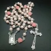 Розовая жемчуга с розариями скрещивание ожерелья бусинки виноградная лоза с длинным стилем цепь католическая ювелирная смесь Иисуса 6 Цвет 12pcs7296327