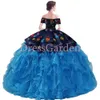 Belle robe de quinceanera charro de magnifique Western Mexican Bleu Navy Multicolore Multicolore Brodé Floral Détachble 2 pièces