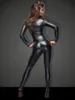 Plus Storlek Svart Långärmad Bodysuit Exotisk Catwoman Skinny Jumpsuit Sexig Zipper Open Crotch Catsuit Lady Novelty Party Clubwear