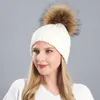 Beanie/Skull Caps FS Winter Warm Knitted Hats For Women With Real Raccoon Fur Pompom Green White Slouchy Cap Skullies Beanies Gorros Mujer