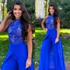 2021 Modest Royal Blue Evening Dresses Sleeveless Overskirt Chiffon Beaded Lace Applique Jumpsuit Custom Made Formal Prom Party Gown