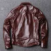 Spring Special Offer Men's Cow Leather Oil Wax Genuine Clothes Short Slim Fit Biker Jacket Wine Red Coat Men