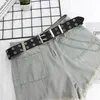 Feminino punk corrente moda cinto ajustável preto duplo único ilhó grommet fivela de couro belt255z