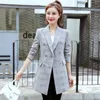 Kvinnors kostymer Blazers Double-Breasted Plaid Women Suit Jacket 2021 Vår Höst Slim Mid-Length Elegant Ytterkläder Kvinnliga Overaller Coats