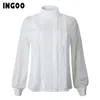 INGOO Autumn Turtleneck Office Women Shirt Lantern Long Sleeve Ruched Pleated Blouses Button Elegant Blue White Shirts Female MX200407