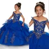 2022 Royal Blue Peach Girls Pageant Dresses Off Shoulder Gold Lace Brodery Pärled Flower Girl Dresses Kids Wear Birthday Commun255W