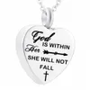 Cross Cupid's Arrow Heart Keepsake Pendant For Pet/Human Ashes Cremation Memorial Jewelry Necklace -God is Whthin Her She Will Not Fall