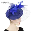 Stingy Brim Hats Royal Blueファッションメッシュヘッドウェアブライダル結婚式の魅力的な魅力的な魅力的な女性のカクテルパーティーヘッドピースの羽毛髪CLI