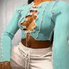 Patchwork veter omhoog lange mouw crop tops vrouwen geribbeld sexy feest gebreide t-shirt hollow out bodycon club tie front top