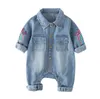 Primavera do bebê Luva longa da criança lapela Collar Pattern Denim Jeans girafa do arco-íris macacãozinho crianças infantil Macacões Roupas de bebe LY083