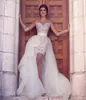 2022 Sexy Arabisch Kurze Mantel Spitze Brautkleider Brautkleider mit abnehmbarer Zug Illusion Langarm Appliques Beach Braut Kleid Vestidos de Novia