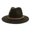 2020 Мужчина Женщины Широкого Брим шерстяного войлока леопардового Fedora шляпа с поясом пряжкой Vintage панама Trilby Cap шляпы