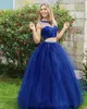 A linha de Quinceanera Prom Dresses robe de soiree Royal Blue 2021 Correias Lace Applique frisada Manga 2 Piece Vestido Formal Wear partido