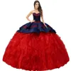 Sweetheart Charro Insignia Embroidered Quinceanera Dress XV Ball Gown High Low Overlay Dense Waterfall Ruffles 15th Girl Dress With Bow Back