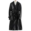Lautaro long trench-coat en cuir noir pour femmes à manches longues ceinture épaulettes 2020 femmes mode grande taille pardessus en cuir 6xl 7xl