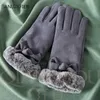 Vrouwen warme handschoenen winter winddicht fluwelen verdikte wanten mooie bowknot pluche pols mode touchscreen meisje hand muff1