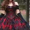 Gotycka Belle Czerwona czarna koronkowa suknia balowa suknie ślubne vintage koronkowe gorset steampunki śpiąca piękność poza ramię plus size ślubne suknie ślubne