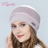 Cappello da donna Liliyabaihe Ornamenti in lana d'angora lavorata a maglia invernale Doppio caldo Davi22