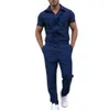 Summer Zipper Jumpsuit Streetwear Male Tracksuits Short Sleeve Solid Color Cargo Pants Set Jumpsuits Overalls M-2XL