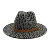 Trendy Big Unisex Flat Brim Wool Felt Jazz Fedora Hat Winter Autumn Leopard Print Wide Brim Formal Top Cap för Party4535104