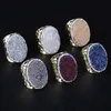 Natural Rough Oval Color Purple Druzy Stone Bead Charm Pave Rhinestone Big Wide Wrap Hammered Gold Open Ring cuff Women Jewelry9376798