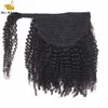 Doğal Renk Kinky Curl Afro Kıvırcık Saç Uzantıları At Kuyruğu Perulu Virginhair Wrap Hook Loop 12-30 inç