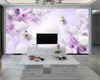 カスタム3Dフラワー壁紙白い浮遊ボールと美しい紫色の花ロマンチックな植物の装飾的なシルク3D壁画壁紙