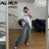 ALLNeon Y2K Mode En Détresse Lâché Droit Bleu Pantalon Hip Hop Demin Taille Haute Déchiré Jeans Vintage Streetwear Années 90 Rave Automne