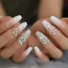 Cristal Ombre Unhas Full Projetado Strass Ballerina Nails Falsos Longo Natural White Designer Nail Art Dicas