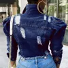 Fashion Women Ripped Denim Jackets Lapel Neck Vintage Sexy Casual Short Jean Jacket Puff Sleeve Autumn Winter Coat Streetwear Plus Size 5XL