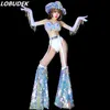 Sexig DJ Nightclub Bar Stage Wear Women Singer Dancer Kostym Glitter Skala Sequins Bikini Tassel Handskar Ledande Dance Outfit Party Show Set