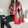 Femmes chandails automne hiver 2019 à la mode décontracté Plaid col en v Cardigans simple boutonnage manches bouffantes pull ample