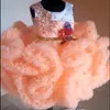 Бальное платье Симпатичные девушки цветка платья ярусах оборками Bottom Blush Pink Little Girl Pageant платья Цветы шариков причастие платье