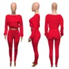Höst kvinnor två styck byxor set långärmad solid färg rib sport casual kostym grödor topp och penna leggings joggers fitness outfits