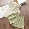 Camiseta de bolinhas + shorts de cor sólida, 2 peças, conjuntos de roupas para bebês meninas, roupas infantis da moda, roupas para meninas