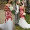 Vintage White and Red Mermaid Wedding Dresses Bridal Gowns 2021 Sweetheart Appliques Lace Back Lace-up Corset Plus Size Bride Dress