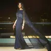 2022 Elegant Arabic Kaftan Style Mermaid Prom Dresses Cape Long Wrap Navy Blue Formal Evening Wear Appliques Lace Women Party Gowns Celebrity Dress