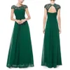 Elegante Avondjurken Nieuwe Gratis Verzending Zwart Kant Open Back Ruched Bust Cap Mouw Lange Chiffon Robe de Soiree