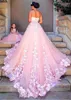 Delikat Tulle Stropless A-Line Bröllopsklänning Med Beaded 3D Lace Appliques Bowknot Pink Briudal Gowns för Vuxen