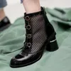 Womens Genuine Leather Mesh Patchwork Botton Female Spring New Thick High Heel Comfortable Short Ankle Boots Back Zip Shoes Boots Pharmacy