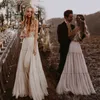 2021 Sexy Tulle Boho Beach Wedding Dresses A Line Lace Country Puffy Bridal Gowns Floor Length Backless Plunging V Neck Bohemian Bride Dress