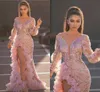 2020 ASO EBI Mermaid Prom Dresses Long Side Side Split Ruffles Pink Lace Sequin Evening Gowns V Neck Vestido de Novia274V