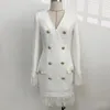 Jesień Zima Długim Rękawem Sukienka Nowy Seksowny Płaszcz Double Breasted Button White Tassel Woolen Sukienka Kobiety Wysokiej jakości 200922