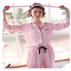 Pijamas de rayas rosadas Satén de seda Conjunto de pijamas para mujer 7 piezas Lencería de puntada Pijamas para mujer Ropa de dormir PJS 200919