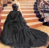 Gothic Vintage Black Wedding Dresses With Hand Made Flowers 2021 Ruched Strapless Applqiues Embroidery Long Train Bridal Gowns Plus Size