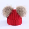 Мать дети теплые зимние колпачки реальный меховой POM POM Beanie шерсть вязаная шапка для мальчиков для мальчиков девушки Помпом еноты шарики шапочки шансы капот