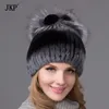 Chapeau de fourrure d'hiver pour femmes, chapeau en vraie fourrure de rex avec bonnets tricotés à fleurs argentées, cap2013