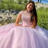 2021 High Neck Beaded Prom Quinceanera Dresses Tulle Long With Beading Short Sleeves Formal Evening Elegant Dress For Sweet 16 Girls Long