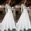 Tania Elegancka Koronka Z Długim Rękawem A-Line Suknie Ślubne Głębokie Dekolt Satin See-przez Pocket Wedding Dress Suknie Ślubne Vestido de Noiva