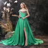 Elegant Green Evening Dresses Spaghetti Sleeveless Appliqued Lace Ruched Chiffon Chic Formal Prom Dress Custom Made Long Party Dress
